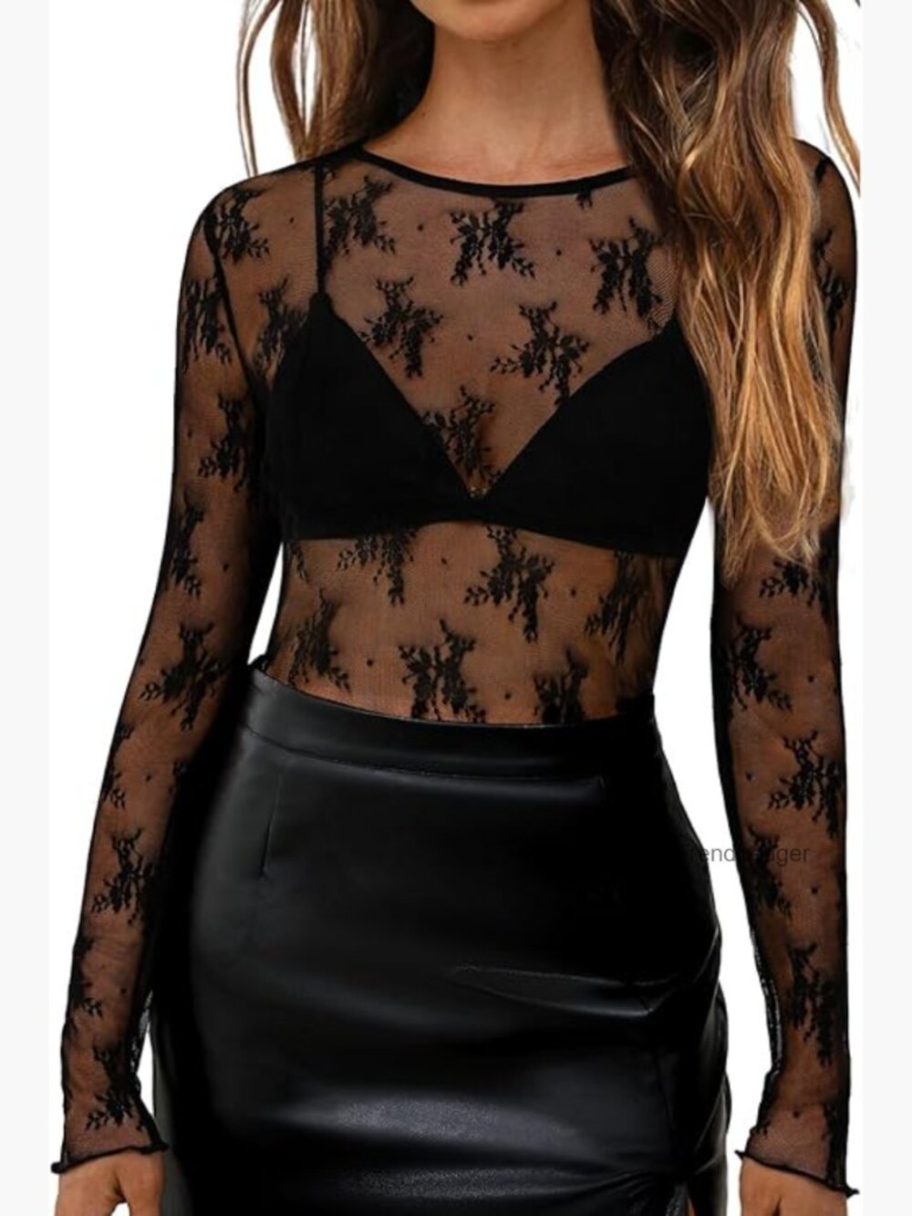 Sheer Mesh Long Sleeve Top with Floral Embroidery Thumbhole Cuffs